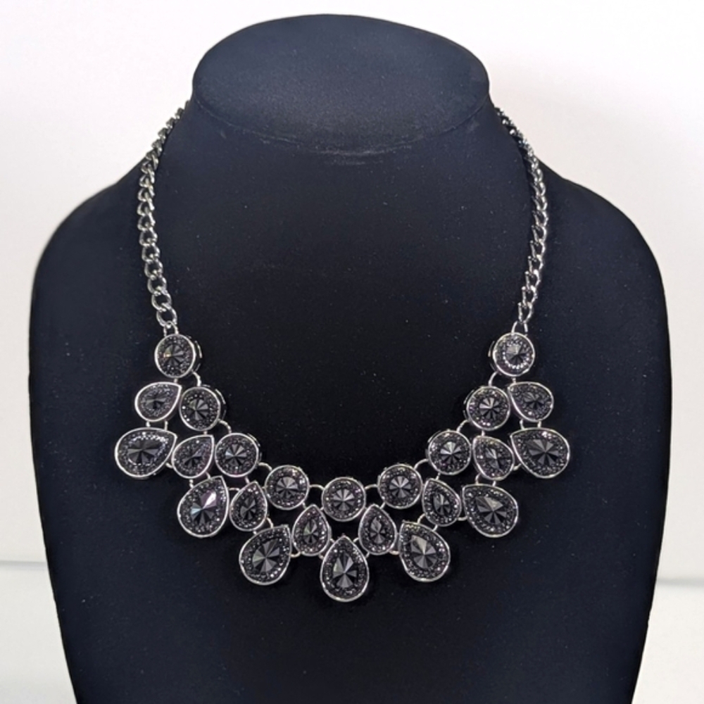 Jet Black Crystal Tiered Bib Necklace, Gunmetal Statement Collar